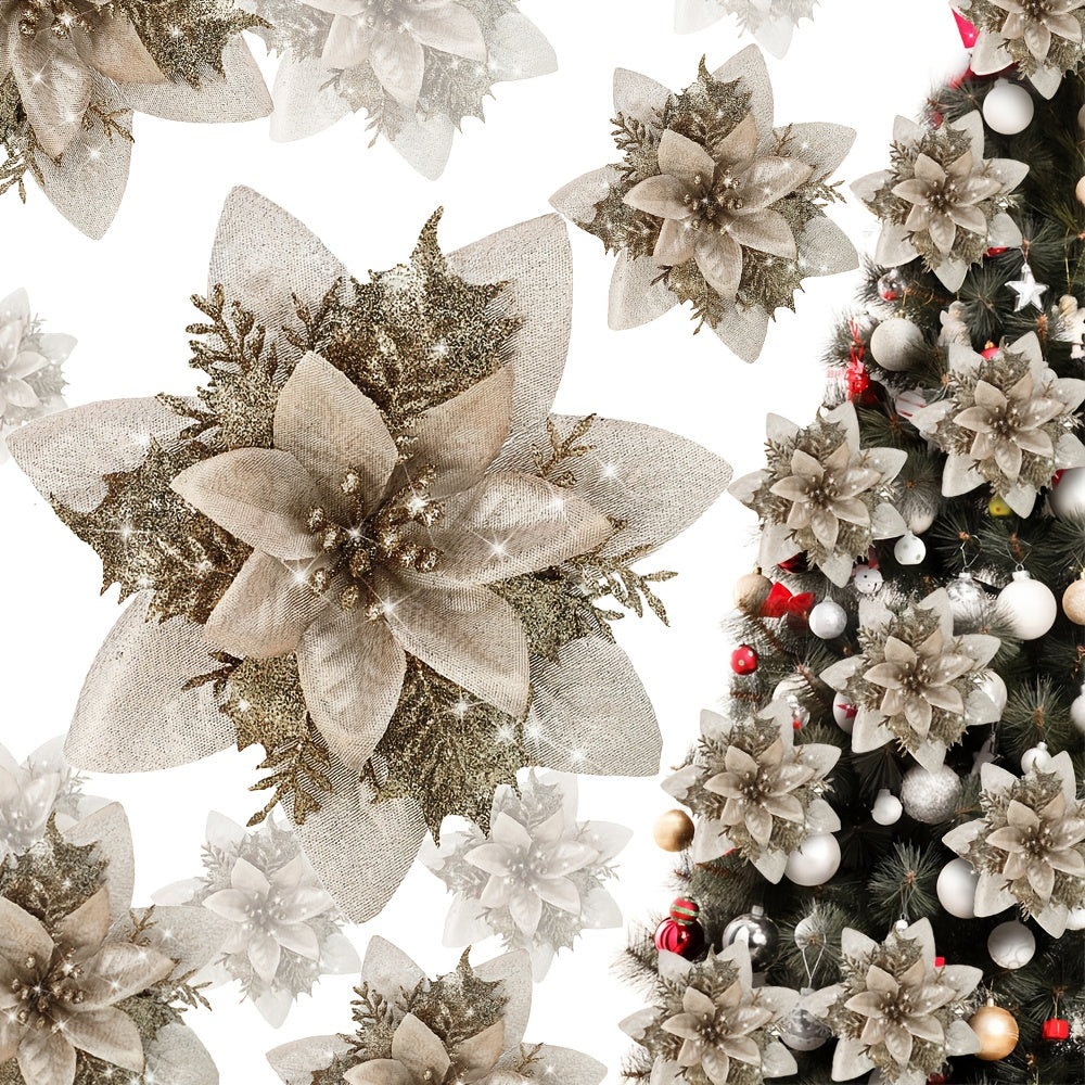 GlitterBloom Ornament 10 st – Luxe kerstbloemen voor een elegante boomdecoratie